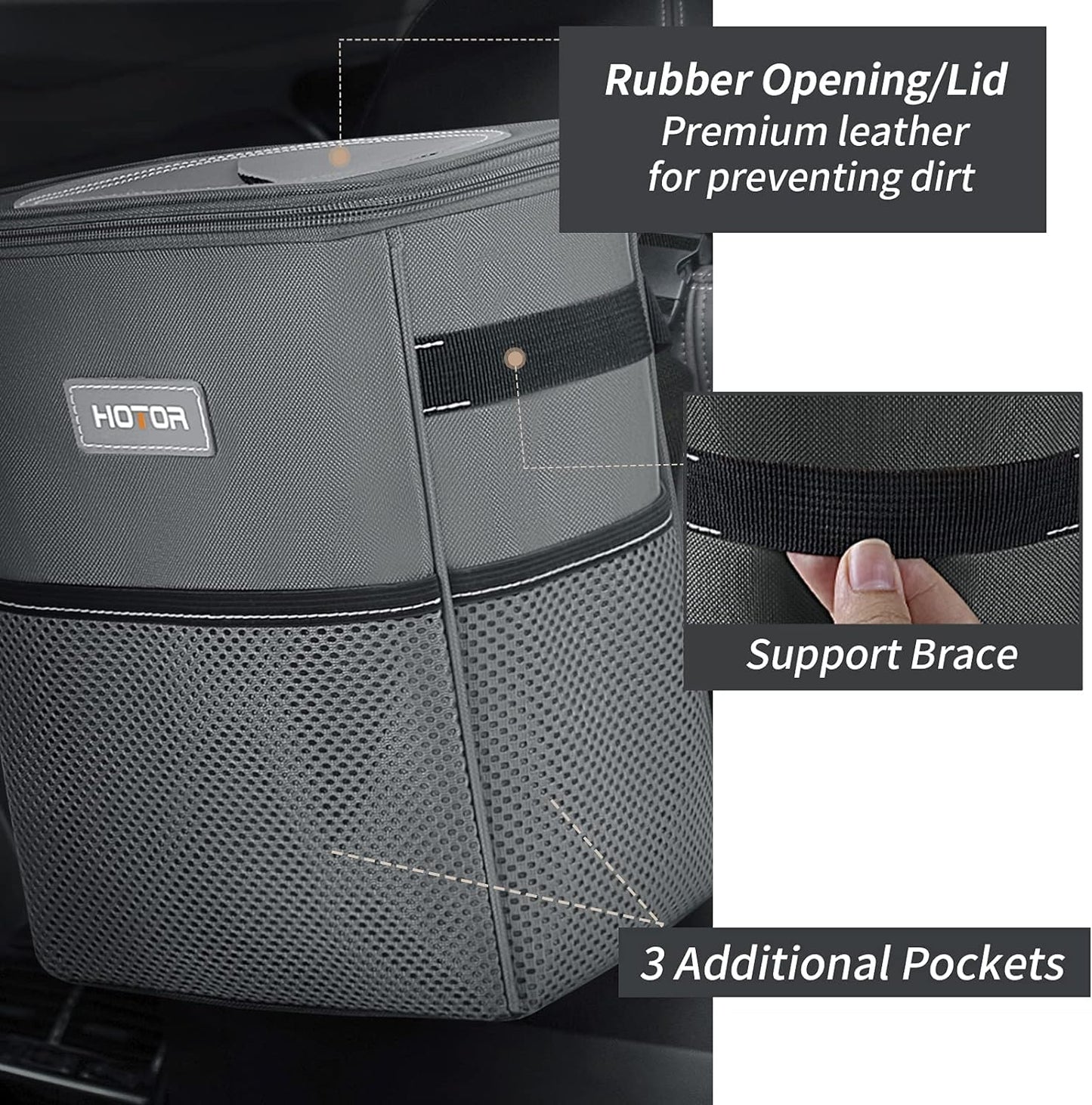 HOTOR Car Trash Can with Lid and Storage Pockets - 100% Leak-Proof Organizer, Waterproof Garbage Can, Multipurpose Trash Bin for Car, 2 Gallons, Black