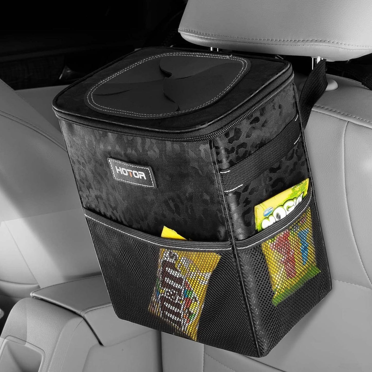 HOTOR Car Trash Can with Lid and Storage Pockets - 100% Leak-Proof Organizer, Waterproof Garbage Can, Multipurpose Trash Bin for Car, 2 Gallons, Black