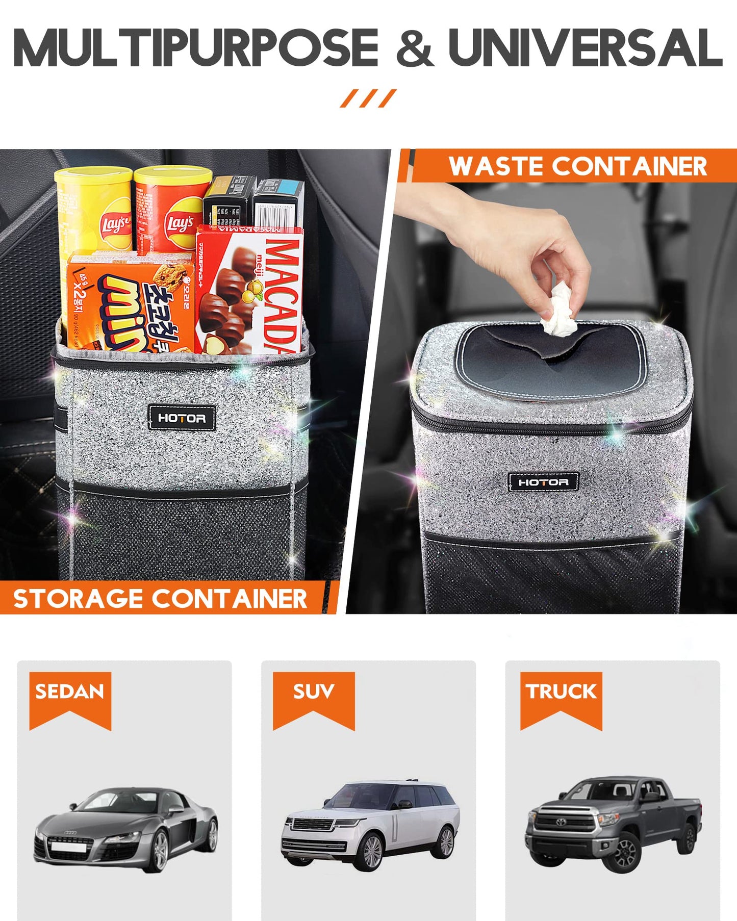 HOTOR Car Trash Can with Lid and Storage Pockets - 100% Leak-Proof Organizer, Waterproof Garbage Can, Multipurpose Trash Bin for Car, 2 Gallons, Black