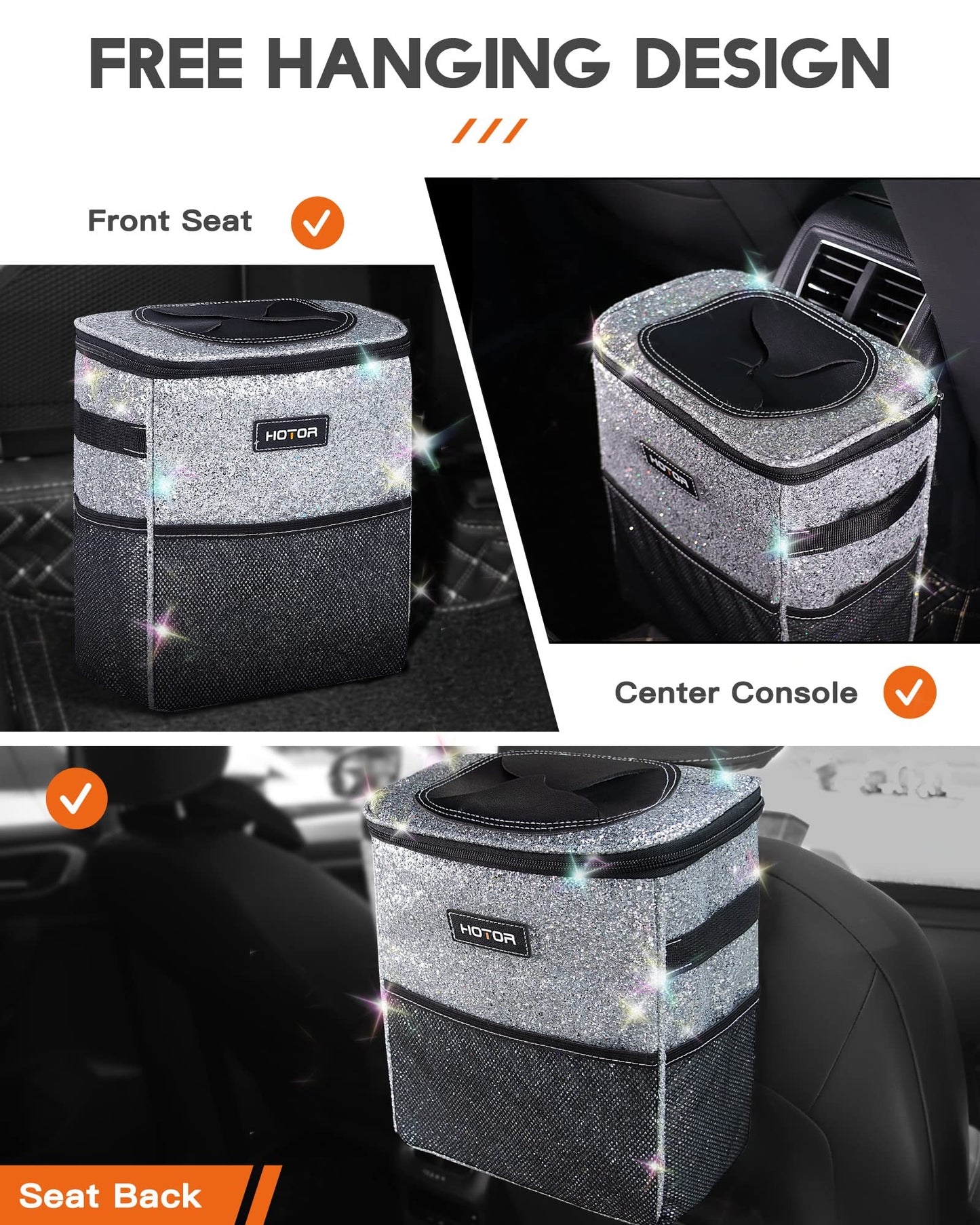 HOTOR Car Trash Can with Lid and Storage Pockets - 100% Leak-Proof Organizer, Waterproof Garbage Can, Multipurpose Trash Bin for Car, 2 Gallons, Black