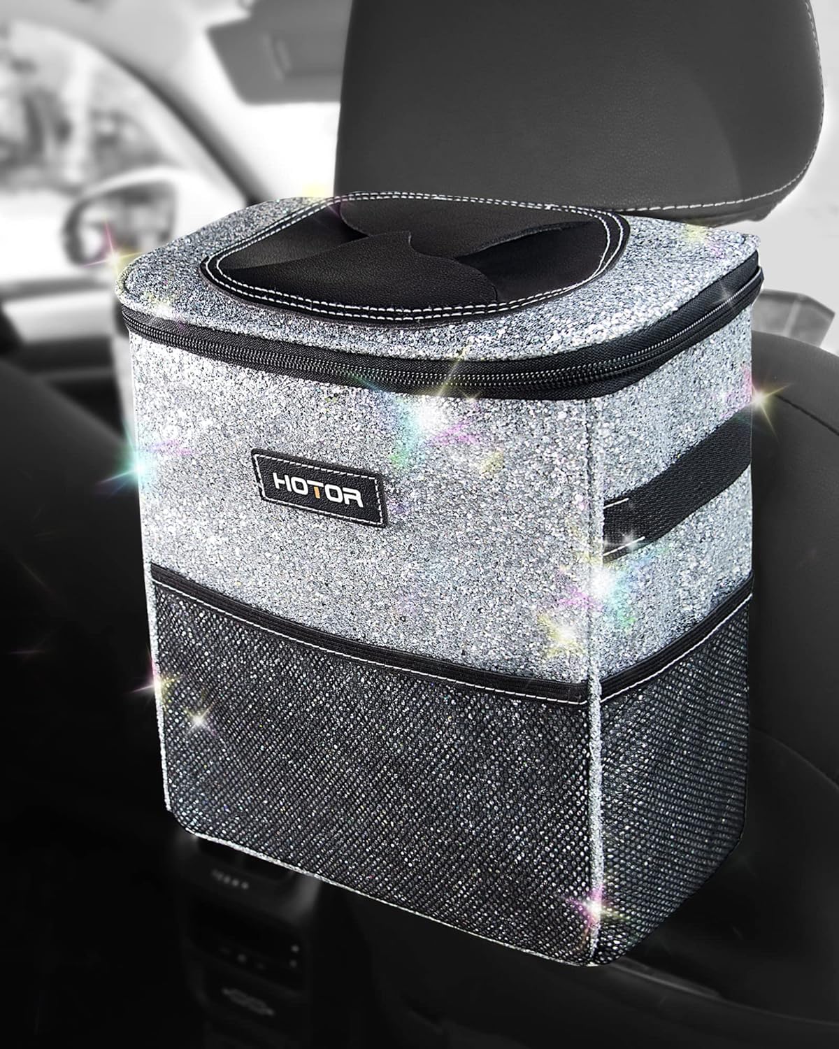 HOTOR Car Trash Can with Lid and Storage Pockets - 100% Leak-Proof Organizer, Waterproof Garbage Can, Multipurpose Trash Bin for Car, 2 Gallons, Black