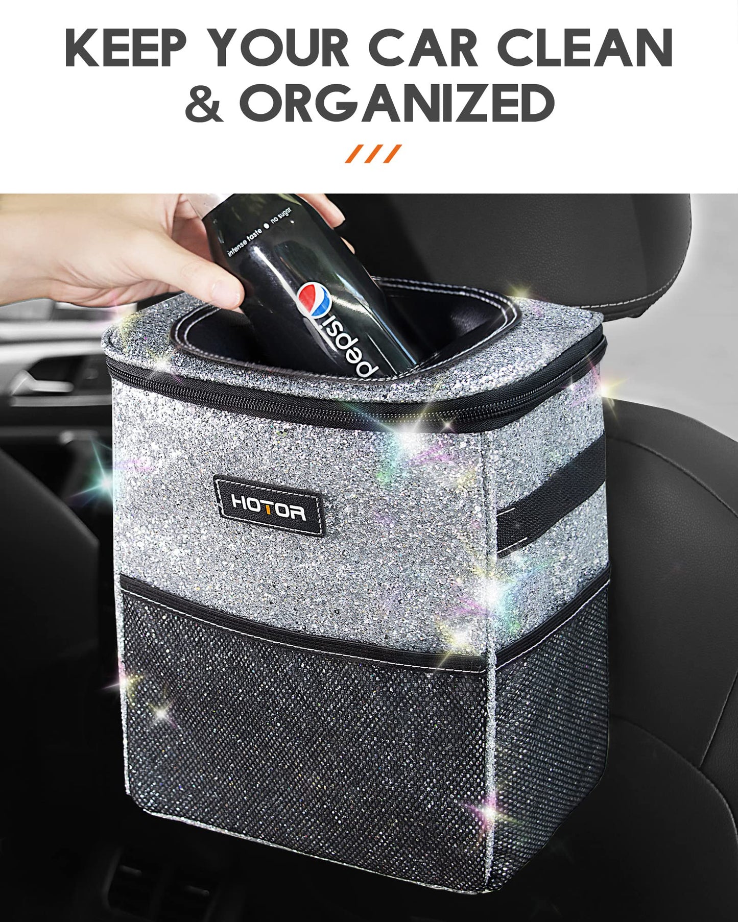 HOTOR Car Trash Can with Lid and Storage Pockets - 100% Leak-Proof Organizer, Waterproof Garbage Can, Multipurpose Trash Bin for Car, 2 Gallons, Black