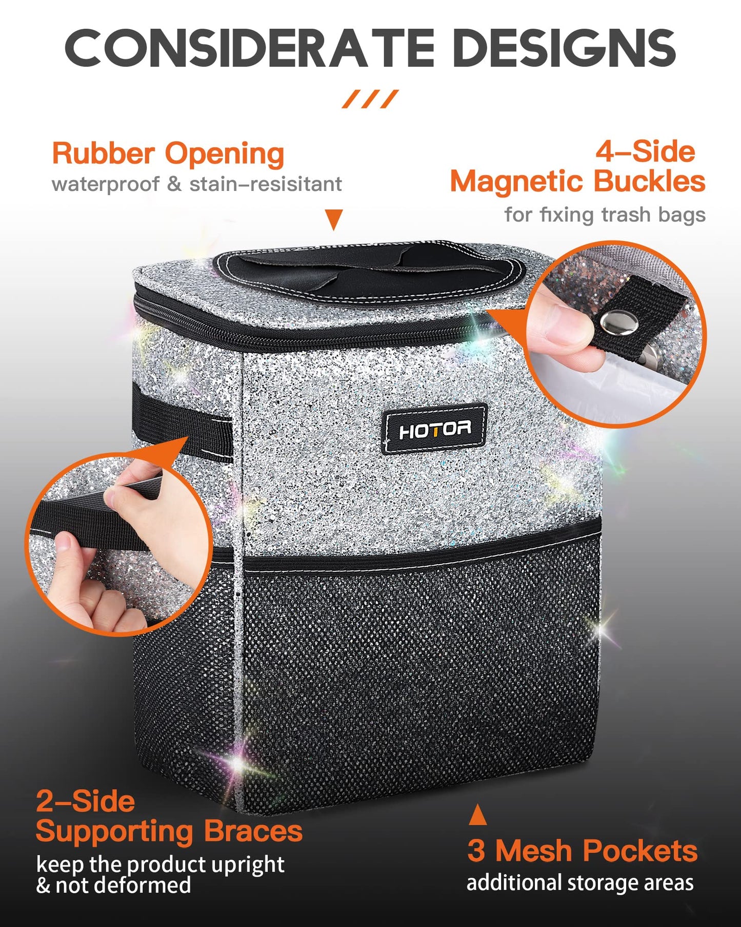 HOTOR Car Trash Can with Lid and Storage Pockets - 100% Leak-Proof Organizer, Waterproof Garbage Can, Multipurpose Trash Bin for Car, 2 Gallons, Black