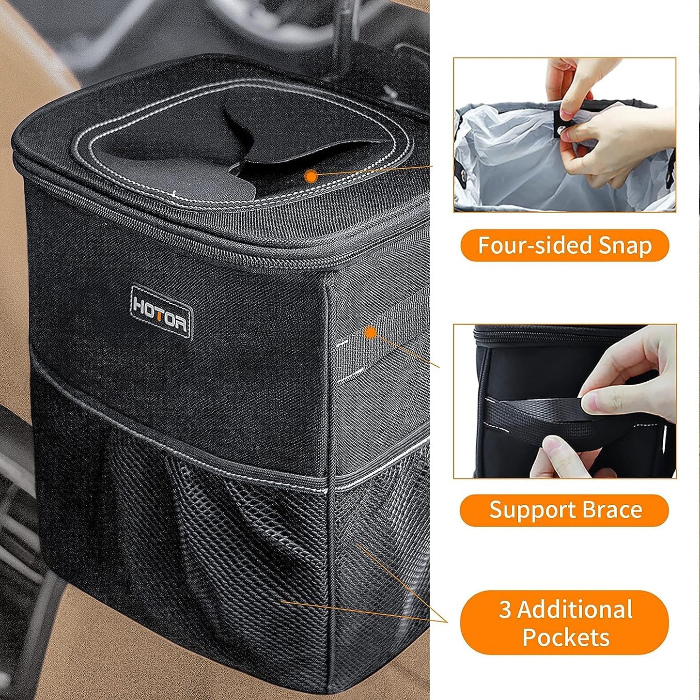 HOTOR Car Trash Can with Lid and Storage Pockets - 100% Leak-Proof Organizer, Waterproof Garbage Can, Multipurpose Trash Bin for Car, 2 Gallons, Black