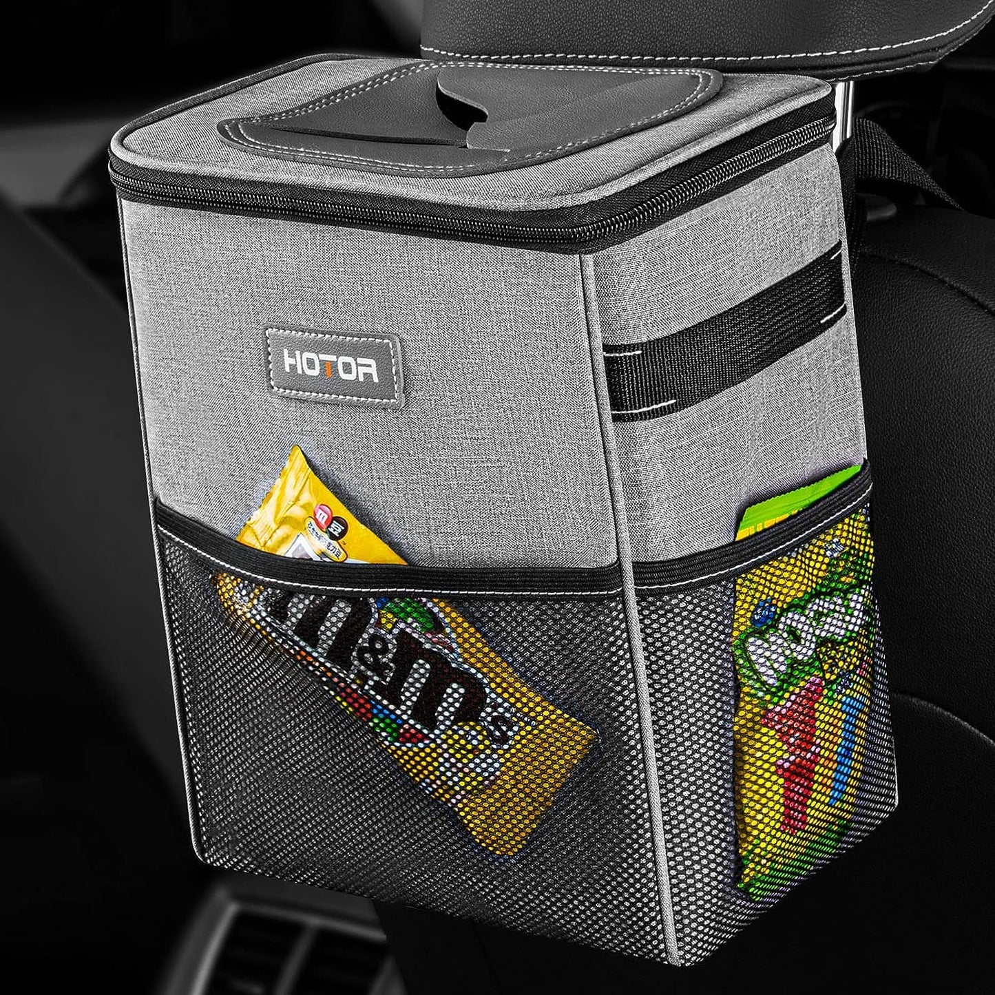 HOTOR Car Trash Can with Lid and Storage Pockets - 100% Leak-Proof Organizer, Waterproof Garbage Can, Multipurpose Trash Bin for Car, 2 Gallons, Black