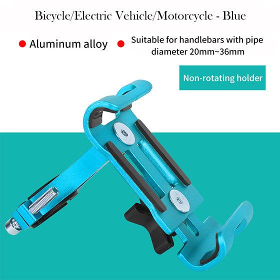 Blue aluminum alloy mobile phone mount for mountain bike and electric vehicle handlebars with pipe diameter 20-36mm, non-rotating holder design