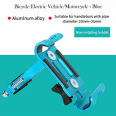 Blue aluminum alloy mobile phone mount for bicycles and motorcycles, fits handlebars 20-36mm diameter, non-rotating holder design.
