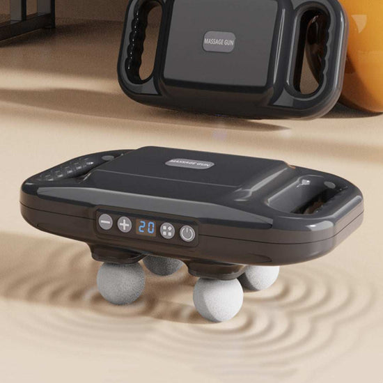 Black four head massage gun with digital display for whole body muscle relaxation