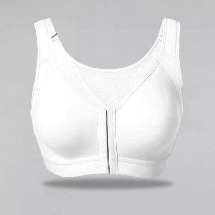 White posture correcting push-up bra with front closure and wide straps